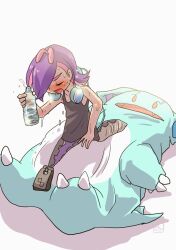  1girl closed_eyes costume dot_(pokemon) eeveekoringo hair_over_one_eye headphones holding hot long_hair mascot_costume multicolored_hair nidothing open_mouth pink_hair pokemon pokemon_(anime) pokemon_horizons purple_hair shirt sweat tank_top zipper zipper_pull_tab 