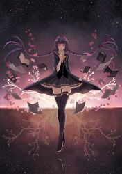  bangs black_legwear black_thighhighs blunt_bangs book braid bungaku_shoujo envelope floating_hair highres long_hair night night_sky open_mouth petals purple_eyes purple_hair reflection reflective_floor skirt sky star star_(sky) starry_sky thigh-highs thighhighs tree_branch tsukii twin_braids twintails very_long_hair violet_eyes zettai_ryouiki 