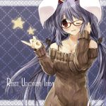  alternate_costume animal_ears bare_shoulders bespectacled blush breasts brown_eyes bunny_ears casual cleavage contemporary glasses lavender_hair long_hair purple_hair reisen_udongein_inaba ribbon scarlet_(studioscr) solo star sweater touhou wink 