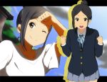  ;) black_eyes black_hair blazer extra hair_bun hand_on_forehead hatasuke k-on! nakajima_nobuyo school_uniform short_hair skirt solo t-shirt wink 