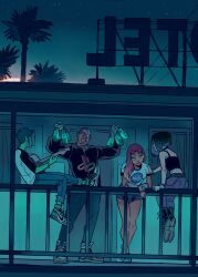  2boys 2girls :d arms_up beast_boy_(dc) boots bottle colored_skin commentary cyborg cyborg_(dc) dark-skinned_male dark_skin dc_comics gabriel_picolo green_skin guitar highres holding holding_bottle holding_guitar holding_instrument instrument leaning_forward logo long_hair midriff multiple_boys multiple_girls nasa_logo on_railing outdoors palm_tree playstation_logo railing raven_(dc) shirt shoes short_hair shorts sideburns sitting smile sneakers starfire teen_titans tree wristband 