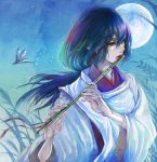  blue_eyes blue_hair dragonfly flute instrument japanese_clothes long_hair moon night original ron solo traditional_clothes 