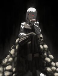  1girl black_dress black_socks chainsaw_man crossed_legs dress fami_(chainsaw_man) fourth_east_high_school_uniform highres kneehighs pile_of_skulls pinafore_dress red_eyes school_uniform shirt sitting sleeveless sleeveless_dress socks solo titann white_hair white_shirt 