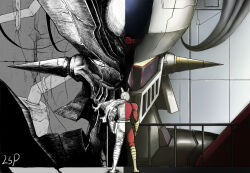  1boy bandages boots cable from_behind hangar helmet highres kabuto_kouji lsp_(fengzibushifenggou) mazinger_(series) mazinger_z mazinger_z_(mecha) mazinger_zero_(mecha) mecha mecha_pilot_suit railing robot ruins scarf shin_mazinger_zero signature split_theme super_robot 