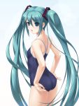  adjusting_swimsuit aqua_eyes aqua_hair ass bare_shoulders hands hatsune_miku highres long_hair looking_back one-piece_swimsuit solo swimsuit twintails very_long_hair vocaloid wacchi 