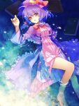  1girl alternate_hairstyle barefoot book bow bowtie capelet crescent crescent_moon hair_bow hat legs lying on_back patchouli_knowledge purple_eyes purple_hair robe shiramori_yuse short_hair solo striped submerged touhou violet_eyes water yuse 