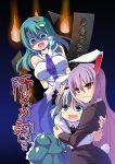  animal_ears blue_eyes bunny_ears bunny_tail frown green_eyes green_hair hair_tubes heart heart_in_mouth hoshino_souichirou hug kochiya_sanae konpaku_youmu long_hair multiple_girls purple_hair red_eyes reisen_udongein_inaba scared short_hair silver_hair snake souin_kuhou sweatdrop tail tears touhou wavy_mouth 