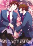  brown_eyes brown_hair cherry_blossoms hand_holding holding_hands koizumi_itsuki kyon male moriyama_(kuromorry) petals school_uniform short_hair suzumiya_haruhi_no_yuuutsu yaoi 