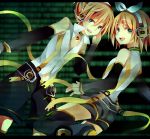  arm_warmers blonde_hair brother_and_sister detached_sleeves hair_ornament hair_ribbon hairclip headphones kagamine_len kagamine_len_(append) kagamine_rin kagamine_rin_(append) kouko len_append navel popped_collar ribbon rin_append ryouka_(nm0407) short_hair shorts siblings smile twins vocaloid vocaloid_append 