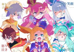  2boys 4girls ^_^ angry animal_ears antenna_hair aqua_brooch aqua_hair aqua_hat bare_arms bare_shoulders beret black_shirt blonde_hair blue_bow blue_brooch blue_choker blue_crown blue_eyes blue_hairband blue_neckerchief blunt_bangs bow bow_choker bow_earrings bowtie braid bright_pupils brooch brown_eyes brown_hair bruise bruise_on_face capelet choker clenched_hand clenched_teeth closed_eyes closed_mouth clothing_cutout collared_capelet commentary cropped_torso cross crown crown_earrings crying crying_with_eyes_open cure_friendy cure_lillian cure_nyammy cure_wonderful deerstalker determined dirty dirty_clothes dirty_face dot_nose dress earrings expressionless eyelashes false_smile floating_clothes frilled_headwear furrowed_brow grey_hair hair_between_eyes hair_bow hairband hat hat_ornament heart heart_brooch heart_hat_ornament high_collar high_side_ponytail highres horizontal-striped_sleeve_cuffs horrified injury inukai_iroha inukai_komugi jewelry large_bow long_hair long_sleeves lop_rabbit_ears low_twin_braids magical_boy magical_girl messy_hair mini_crown mini_hat mini_top_hat multicolored_hair multiple_boys multiple_girls neckerchief nekoyashiki_mayu nekoyashiki_yuki off-shoulder_dress off_shoulder open_mouth orange_sailor_collar orange_sleeve_cuffs paru_rari pink_bow pink_bowtie pink_brooch pink_dress pink_eyes pink_hair precure puffy_short_sleeves puffy_sleeves purple_bow purple_bowtie purple_brooch purple_capelet purple_dress purple_hairband rabbit_ears red_cross robe sad sailor_collar shirt short_hair short_sleeves shoulder_cutout signature simple_background smile sphere_earrings straight_hair streaked_hair streaming_tears striped_bow striped_bowtie striped_clothes sweat tareme tearing_up tears teeth thick_thighs thighs top_hat torn_bow torn_bowtie toyama_daifuku toyama_satoru translation_request turn_pale turtleneck turtleneck_shirt twin_braids twitter_username two_side_up upper_body v-shaped_eyebrows very_long_hair violet_eyes white_background white_bow white_bowtie white_dress white_hair white_hat white_pupils white_robe white_sleeves wide-eyed wonderful_precure! yellow_hairband yellow_sailor_collar 