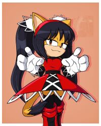  1girl :3 absurdres animal_ears artist_name black_dress black_hair boots cat_ears cat_girl cat_tail cowboy_shot dress furry furry_female gloves highres honey_the_cat layered_gloves lolita_fashion long_hair looking_at_viewer open_mouth realshadowfan01 red_boots red_dress red_eyes simple_background sleeveless sleeveless_dress solo sonic_(series) sonic_the_fighters sonic_the_hedgehog_(classic) tail twintails two-tone_dress white_gloves yellow_eyes 