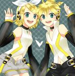  blonde_hair brother_and_sister circle detached_sleeves elbow_gloves fingerless_gloves gloves hair_ornament hair_ribbon hairclip headphones heart kagamine_len kagamine_len_(append) kagamine_rin kagamine_rin_(append) len_append navel navel_cutout ribbon rin_append short_hair shorts siblings smile twins vocaloid vocaloid_append yamaki_suzume 