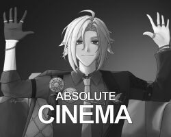  1boy absolute_cinema_(meme) absurdres agnes_arts arm_out_of_sleeve collared_shirt ear_piercing english_text greyscale hands_up highres hugo_vlad jacket jewelry looking_at_viewer male_focus meme mole mole_under_eye monochrome multiple_rings necktie piercing pointy_ears ring shirt solo twitter_username upper_body zenless_zone_zero 