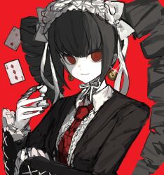  1girl bell bell_earrings black_hair black_jacket black_nails card celestia_ludenberg center_frills chinese_commentary closed_mouth collared_shirt commentary_request danganronpa:_trigger_happy_havoc danganronpa_(series) drill_hair earrings frilled_sleeves frills glint hairband highres jacket jewelry lapels lolita_hairband long_hair necktie open_clothes open_jacket playing_card red_background red_eyes red_necktie shirt simple_background solo twin_drills upper_body variant_set white_shirt xiaofan69759 