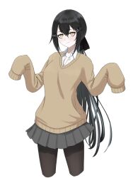  alternate_costume black_hair breasts cardigan collarbone cowboy_shot dandelion_(girls'_frontline) eyeliner girls_frontline hair_between_eyes long_hair looking_at_viewer low_ponytail makeup medium_breasts mosoro oversized_clothes pantyhose pleated_skirt ponytail skirt smile very_long_hair yellow_eyes 