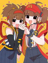  2girls ahoge back_bow badge black_eyes black_gloves blue_necktie blue_shirt blue_shorts blue_skirt bow brown_hair button_badge commentary dress_shirt elbow_gloves employee_uniform fast_food_uniform gloves hair_tie hairband hakama hakama_skirt half_gloves hat headset heart highres holding_hands imadake_dabuchi_tabemi interlocked_fingers japanese_clothes kanashimiojisan mcdonald's multiple_girls necktie open_mouth ponytail red_hairband red_hat red_shirt samurai_tamago_tabemi shirt short_hair shorts skirt sleeveless sleeveless_shirt smile striped_clothes striped_shirt tasuki twintails vertical-striped_clothes vertical-striped_shirt visor_cap white_shirt wing_collar wristband yellow_background yellow_happi 