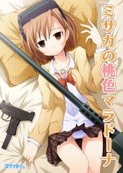  bed_sheet blank_eyes brown_eyes brown_hair browning_machine_gun empty_eyes gun head_mounted_display heart jewelry lying mini_uzi misaka_imouto necklace nyo43 panties pillow plaid plaid_skirt rifle sheet_grab skirt sniper_rifle solo striped striped_panties submachine_gun tartan to_aru_majutsu_no_index translated translation_request underwear weapon 