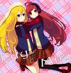  ahoge bad_id blonde_hair earmuffs headphones lily_(vocaloid) long_hair miki miki_(vocaloid) multiple_girls pantyhose red_eyes red_hair redhead scarf school_uniform sf-a2_miki shared_scarf sharred_scarf skirt smile tomosaka vocaloid 
