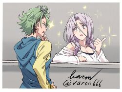1boy 1girl baron_(varon666) blue_vest fuuto_tantei green_hair grey_background highres hood hooded_vest hoodie kamen_rider kamen_rider_w long_hair medalist_(manga) philip_(kamen_rider) purple_hair shirt short_hair simple_background sparkle tokime_(fuuto_tantei) twitter_username vest violet_eyes white_shirt yellow_shirt