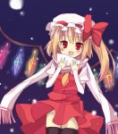  blonde_hair fangs flandre_scarlet glowing long_sleeves open_mouth red_eyes scarf short_hair side_ponytail smile solo the_embodiment_of_scarlet_devil thighhighs touhou wakabaneko wings zettai_ryouiki 