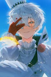  1boy ace_(playing_card) ace_of_hearts between_fingers blue_eyes braid bungou_stray_dogs cape card cross-shaped_pupils day eyepatch frilled_shirt_collar frilled_sleeves frills gloves hand_up hat heart highres holding holding_card long_sleeves looking_at_viewer male_focus mayukado_164 nikolai_gogol_(bungou_stray_dogs) one_eye_covered parted_lips playing_card portal_(object) red_gloves scar scar_across_eye scar_on_face shirt single_braid sky smile solo symbol-shaped_pupils top_hat twitter_username upper_body vest white_cape white_hair white_hat white_shirt 