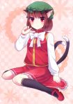  animal_ears bad_id bow brown_hair cat_ears cat_tail chen dress earrings hat jewelry kohaku. long_sleeves mary_janes multiple_tails nail_polish red_eyes shoes short_hair sitting solo tail touhou two_tails 