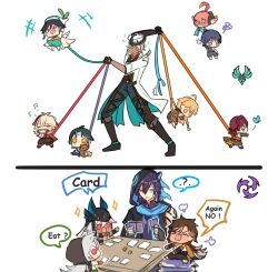  &gt;_&lt; +++ 6+boys :d ? ^^^ aether_(genshin_impact) anemo_symbol_(genshin_impact) anger_vein animal_ears black_hair blonde_hair boots brown_hair bug butterfly cape card chibi coat cyno_(genshin_impact) dark-skinned_male dark_skin electro_symbol_(genshin_impact) floating genshin_impact gloves green_hair grey_hair hat height_difference highres holding holding_card holding_leash hood hood_up ifa_(genshin_impact) kaedehara_kazuha leash leash_pull long_hair looking_at_another male_focus meme multicolored_hair multiple_boys musical_note pants playing_card pun-rii purple_hair razor_(genshin_impact) red_hair rough_day_for_mom_(meme) scaramouche_(genshin_impact) scarf sethos_(genshin_impact) shikanoin_heizou shirt short_hair simple_background sitting smile spoken_question_mark squiggle standing sweat table two-tone_hair venti_(genshin_impact) walking wanderer_(genshin_impact) xd xiao_(genshin_impact) 