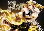  blonde_hair brother_and_sister buzz detached_sleeves elbow_gloves fingerless_gloves gloves hair_ornament hair_ribbon hairclip hexagon kagamine_len kagamine_len_(append) kagamine_rin kagamine_rin_(append) len_append ribbon rin_append short_hair shorts siblings twins vocaloid vocaloid_append 