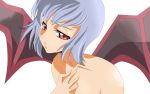  bat_wings breasts cleavage close-up code_geass hand_on_chest hand_on_own_chest hand_to_chest head_on_chest highres lavender_hair nude parody red_eyes remilia_scarlet ro-zu short_hair solo style_parody touhou wallpaper wings 