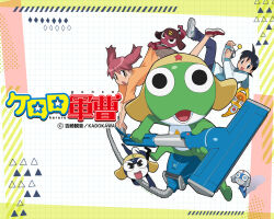  1girl belt black_eyes black_hair blue_eyes dororo_(keroro_gunsou) frog giroro glasses hat hinata_fuyuki hinata_natsumi hood hoodie keroro keroro_gunsou kururu_(keroro_gunsou) long_hair looking_at_viewer mask mouth_mask ninja_mask official_art official_wallpaper pants red_eyes red_hair shirt shoes short_hair simple_background star_(symbol) tail tamama twintails vacuum_cleaner 