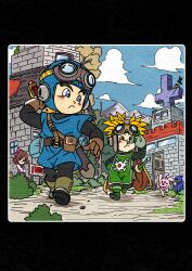  1girl 1other 3boys absurdres arm_up aviator_cap bird_nest black_bodysuit black_border blue_eyes blue_hat blue_sky blue_tunic bodysuit boots border brown_gloves brown_hair cape chibi clouds cousins cross dog dragon_quest dragon_quest_ii drinking fenyon gloves goggles goggles_on_headwear green_boots green_eyes green_gloves green_tabard hat highres male_focus multiple_boys orange_hair outdoors prince_of_lorasia prince_of_samantoria sky spiky_hair sword sword_on_back tabard tunic weapon weapon_on_back yellow_cape 