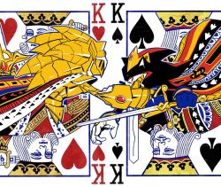 2boys ace_(playing_card) armor cape card crown diamondx1704 excalibur_sonic furry furry_male gold_crown heart hedgehog_boy highres king_(playing_card) limited_palette mini_crown multiple_boys playing_card reaching reaching_towards_another red_eyes shadow_the_hedgehog sir_lancelot_(sonic) sonic_(series) sonic_and_the_black_knight sonic_the_hedgehog sword weapon
