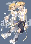  blonde_hair blue_eyes boots choker detached_sleeves hair_bow hairclip headphones hiiro_(kikokico) kagamine_len kagamine_len_(append) kagamine_rin kagamine_rin_(append) len_append nail_polish navel outstretched_arm ponytail popped_collar rin_append short_shorts shorts siblings smile twins vocaloid vocaloid_append wink 