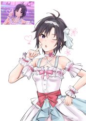  1girl absurdres aburi-gatana antenna_hair arm_garter bare_shoulders black_hair blush bow collarbone dress dress_bow finger_to_mouth flower_symbol game_screenshot_inset hairband heart highres idolmaster idolmaster_(classic) idolmaster_shiny_colors idolmaster_shiny_colors_song_for_prism kikuchi_makoto one_eye_closed pink_bow reference_inset short_hair simple_background solo upper_body violet_eyes white_background white_dress white_hairband 