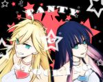  blonde_hair blue_hair breasts choker green_eyes grin heart licking long_hair multicolored_hair multiple_girls nayuu panty_&amp;_stocking_with_garterbelt panty_(character) panty_(psg) pink_hair siblings sisters smile star stocking stocking_(character) stocking_(psg) thighhighs tongue two-tone_hair 