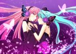  aqua_eyes aqua_hair bare_shoulders butterfly butterfly_hair_ornament butterfly_wings choker dress elbow_gloves eye_contact fingerless_gloves gloves hair_ornament hand_holding hat hatsune_miku headphones headset holding_hands long_hair looking_at_another magnet_(vocaloid) megurine_luka mini_top_hat mtu multiple_girls nail_polish pink_eyes pink_hair strapless_dress top_hat twintails very_long_hair vocaloid wings yuri 