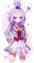  1girl blue_eyes blush closed_mouth collared_shirt cosplay cowboy_shot freckles grey_hair hands_on_own_hips heart highres jacket looking_at_viewer neckerchief open_clothes open_jacket pokemon pokemon_masters_ex red_vest rosa_(academy)_(pokemon) rosa_(pokemon) rosa_(pokemon)_(cosplay) roxie_(pokemon) runa_(luna_naut) school_uniform shirt skirt solo spoken_squiggle squiggle sweatdrop vest white_jacket white_shirt white_skirt yellow_neckerchief 