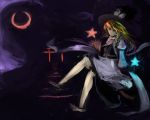  absurdres aki_konnpu blonde_hair broom crescent_moon dark faux_traditional_media hat highres kirisame_marisa moon sitting smile solo speed_painting stairs star torii touhou witch witch_hat yellow_eyes 