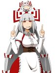  alternate_costume apron azuman bow chibi_inset cigarette dual_persona enmaided fingers_up fujiwara_no_mokou hair_bow long_hair maid middle_finger minigirl multiple_girls red_eyes silver_hair suspenders touhou 