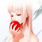  bad_id covering covering_face covering_mouth face food fruit hands holding holding_apple holding_fruit kan'in_(spencer) original pink_hair red_eyes solo spencer_(artist) 