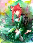  animal_ears ankle_lace-up barefoot bow braid cat cat_ears cat_tail cross-laced_footwear extra_ears hair_bow kaenbyou_rin multiple_tails red_eyes red_hair redhead shiroaisa sitting solo tail touhou traditional_media twin_braids twintails wariza watercolor_(medium) 