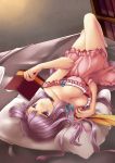  bad_id beasts bed book breasts cleavage large_breasts long_hair narumizg on_back patchouli_knowledge pillow purple_eyes purple_hair reading solo touhou violet_eyes 