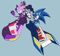  1boy 1girl absurdres blaze_the_cat blaze_the_cat_(riders) blue_background bodysuit cat_girl cat_tail eyewear_on_head furry furry_female furry_male grin hedgehog_boy highres holding_hands hoverboard official_alternate_costume pocho22059768 shoes smile sneakers sonic_(series) sonic_riders sonic_riders_(series) sonic_rush sonic_the_hedgehog sonic_the_hedgehog_(riders) tail track_suit yellow_eyes 