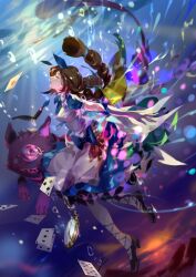  1girl absurdres ace_(playing_card) ace_of_hearts alice_(alice_in_wonderland) alice_(alice_in_wonderland)_(cosplay) alice_in_wonderland apron black_shoes blue_dress blue_ribbon brown_hair card cheshire_cat_(alice_in_wonderland) cosplay crrispy_shark dress elbow_gloves four_of_spades from_side gloves heart highres long_braid long_hair nolva_carpenter pantyhose parted_lips playing_card ribbon sdorica shoes ten_of_diamonds three_of_clubs three_of_diamonds three_of_spades underwater very_long_hair white_apron white_gloves white_pantyhose 