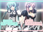  aqua_eyes aqua_hair blue_eyes bowtie breasts cleavage dress gloves hair_ribbon hand_on_hip hatsune_miku headdress highres hips long_hair megurine_luka multiple_girls necktie outstretched_arm pink_hair ribbon twintails vocaloid yukitsuki yuzuki_kei 