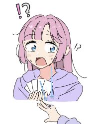  !? 2girls anyoji_hime anyoji_hime_(winter_loungewear) arrow_(symbol) blue_eyes blunt_bangs blush card card_game commentary_request highres holding holding_card hood hood_down hoodie implied_yuri jewelry link!_like!_love_live! llkapital long_hair long_sleeves looking_at_hand love_live! multiple_girls notice_lines open_mouth osawa_rurino out_of_frame playing_card playing_games purple_hoodie ring sidelocks simple_background solo_focus sweat virtual_youtuber wavy_mouth wedding_ring white_background wide-eyed 