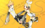  blue_eyes brother_and_sister detached_sleeves elbow_gloves fingerless_gloves gloves hair_ornament hair_ribbon hairclip headphones highres kagamine_len kagamine_len_(append) kagamine_rin kagamine_rin_(append) len_append mamakari navel popped_collar ribbon rin_append short_hair shorts siblings thigh-highs thighhighs twins vocaloid vocaloid_append wallpaper 