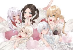  5girls absurdres anastasia_(fate) artoria_caster_(fate) artoria_pendragon_(fate) blonde_hair blue_eyes brown_hair draw_happy_set dress fate/grand_order fate_(series) green_eyes heart highres illyasviel_von_einzbern leonardo_da_vinci_(fate) leonardo_da_vinci_(rider)_(fate) looking_at_viewer melusine_(fate) multiple_girls open_mouth twintails white_dress white_hair yellow_eyes 