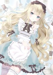  1girl absurdres alice_(alice_in_wonderland) alice_in_wonderland apron blonde_hair blue_dress blue_eyes bow brown_bow card chess_piece cupcake dress flower food highres long_hair looking_at_viewer lying on_back paruno playing_card solo thigh-highs very_long_hair white_apron white_flower white_thighhighs 