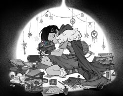  1girl amphibia anne_boonchuy book book_stack boots cape closed_eyes commentary_request dreamcatcher eraser fingerless_gloves fur-trimmed_boots fur-trimmed_cape fur_trim gloves hair_ornament hairclip highres korean_commentary marcy_wu nintendo_switch nuknuk771 pen rubik's_cube sasha_waybright sitting solo spot_color toy_robot 